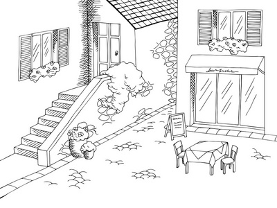 小镇老法院院子里咖啡馆图形艺术黑白色图矢量照片