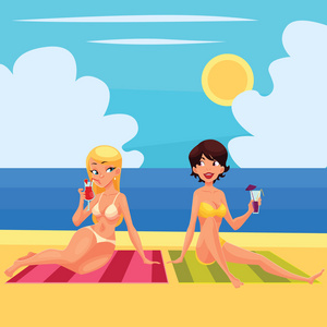 在海滩上一杯鸡尾酒的两个女友