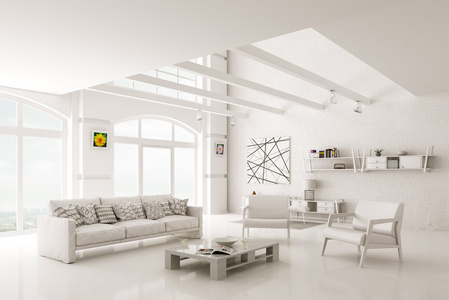 室内的 3d 渲染的白色客厅