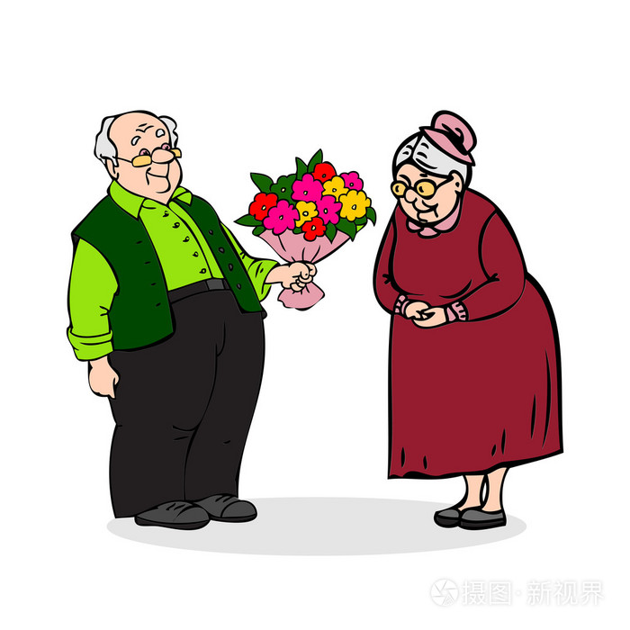 快乐的老年夫妇老人用一束鲜花老年男性给老太太的花束有趣的老男人和