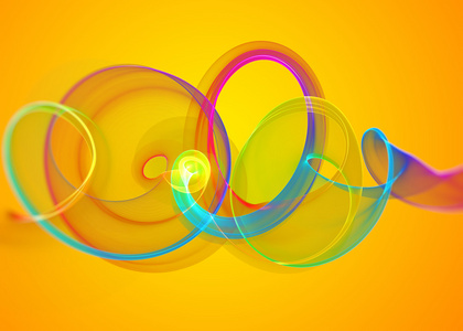 节日玻璃透明彩虹弯曲螺旋和 sircles 在黄色橙色抽象背景。水平的插图
