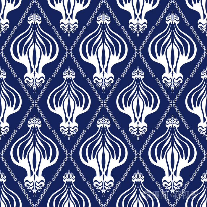 无缝的哥特式锦缎模式用树叶, 树枝和菱形装饰