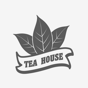 茶屋。具有两个茶叶的标志 标签或徽章矢量模板