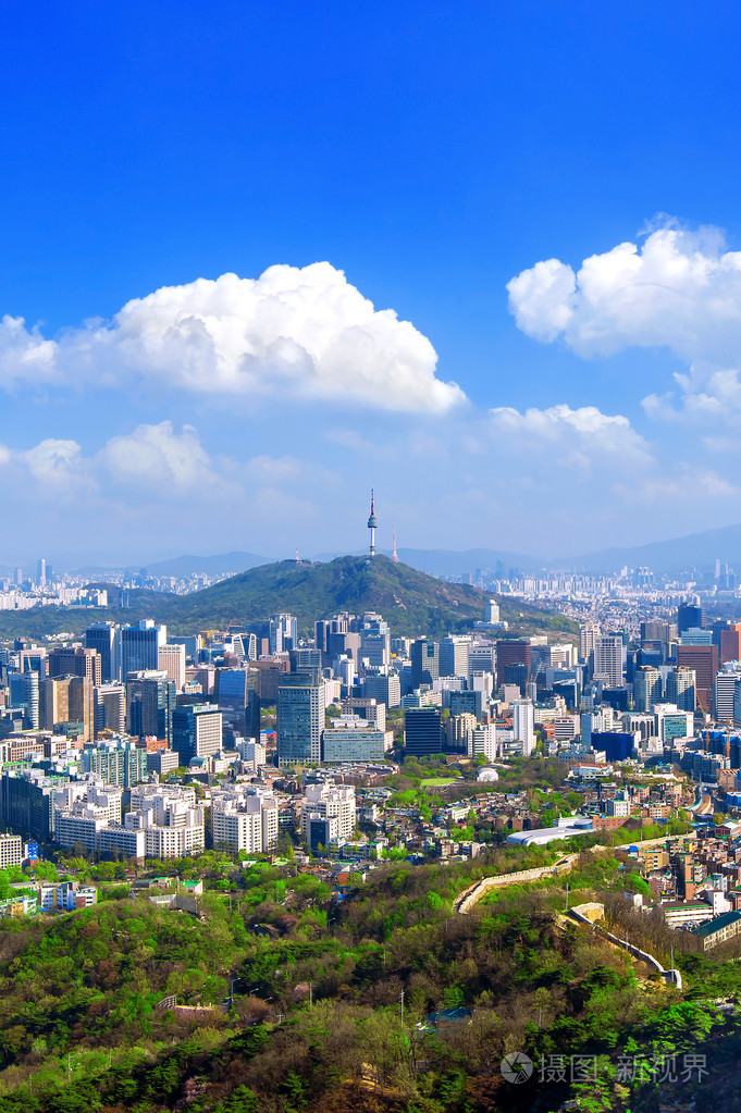 城市景观和首尔塔在韩国首尔的视图