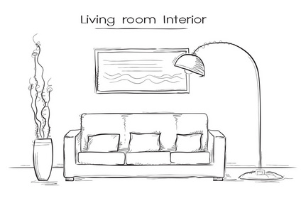 粗略的客厅室内的插图。矢量手绘