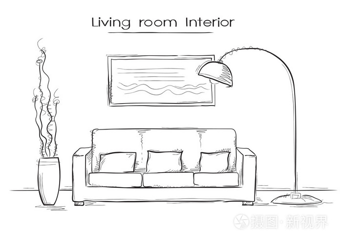 粗略的客厅室内的插图矢量手绘
