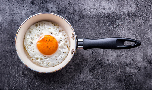 鸡蛋。煎蛋。鸡蛋。靠近煎锅上的煎蛋的景色。咸蛋和调味煎蛋