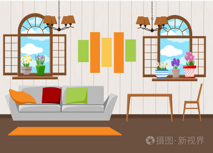 漂亮的设计元素,矢量图的客厅家具在世纪中期现代风格