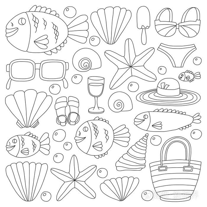 矢量涂鸦海滩度假和热带海洋生物的图片插画-正版商用图片1nt4je-摄图