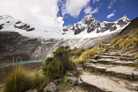 冰雪覆盖的安第斯山脉，从石楼梯的路径