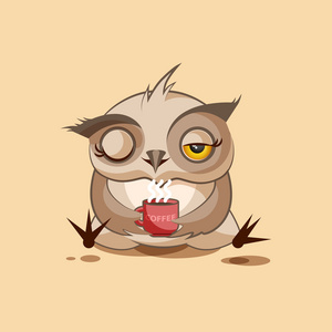 孤立的表情符号卡通猫头鹰刚刚醒来与杯共照片