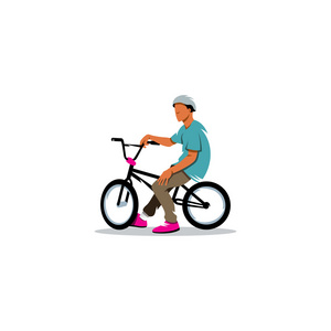 年轻人骑着坐在 Bmx 自行车标志。矢量图