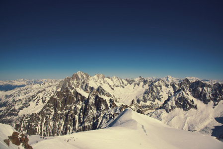 大状的山峰和滑行，极端滑雪，钻头 du Midi，法国阿尔卑斯山