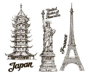旅行。手的素描画的日本 美国 法国。矢量图