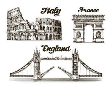 旅行。手的素描画的意大利，法国，英国。矢量图