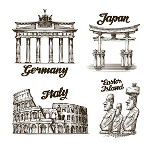 旅行。手的素描画的德国，日本，意大利，复活节岛。矢量图
