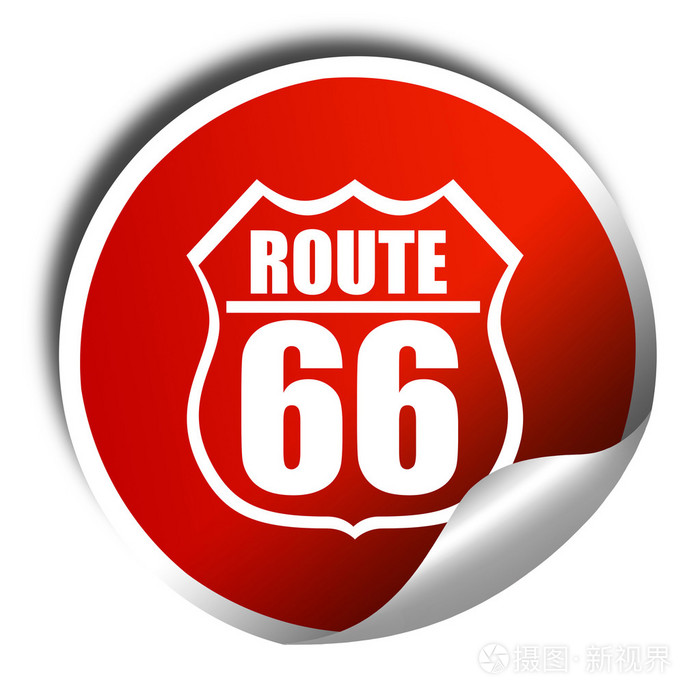 路线66标志三维渲染红色贴纸白色文字