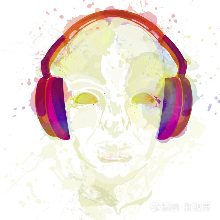 插画 抽象 音乐概念.抽象的载体的人戴着耳机听音乐.