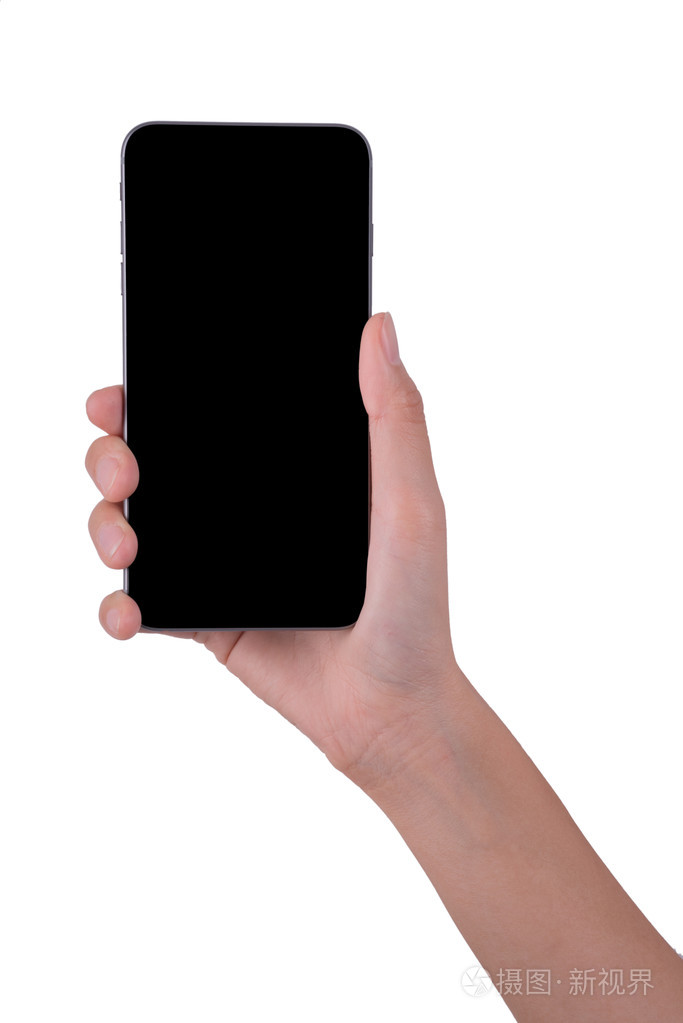 女人手拿着手机平板分离在白色背景上