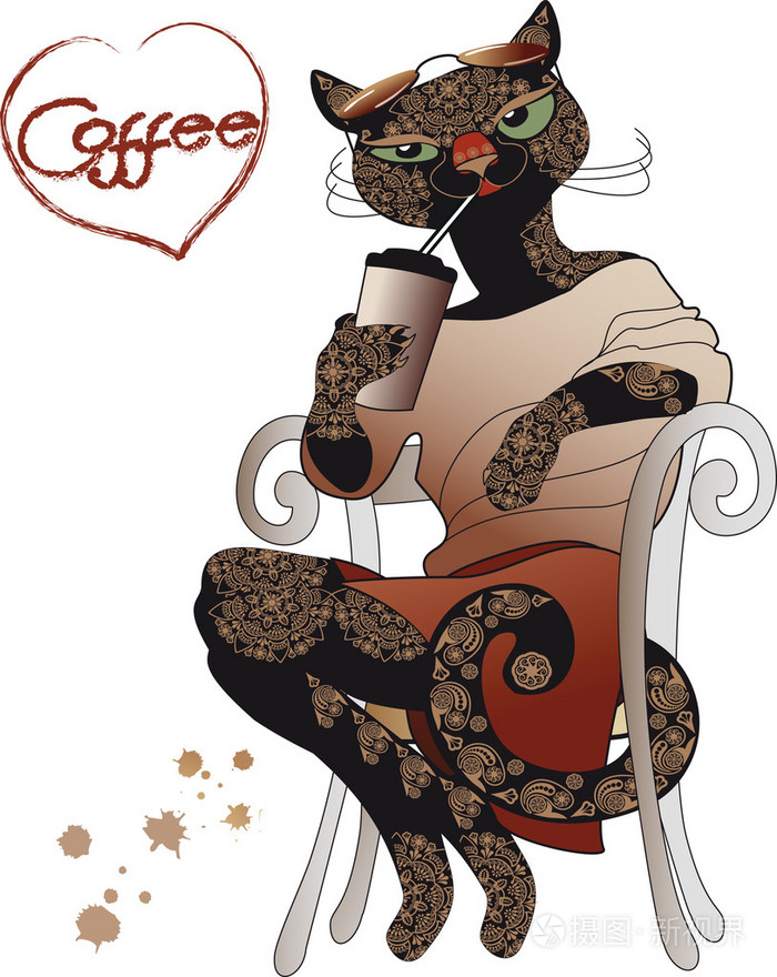 喝咖啡坐在椅子上快餐的优雅快乐猫