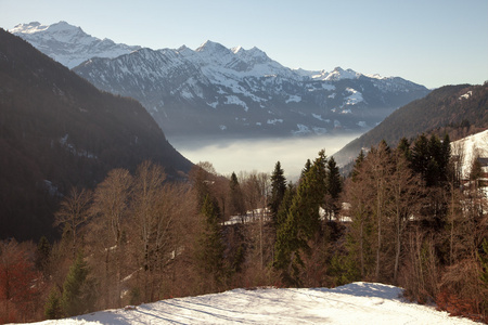 雾上升和瑞士因特拉肯附近山区风光迷人
