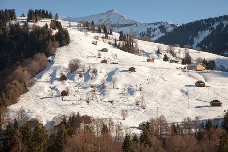 瑞士因特拉肯附近小村庄和山风景