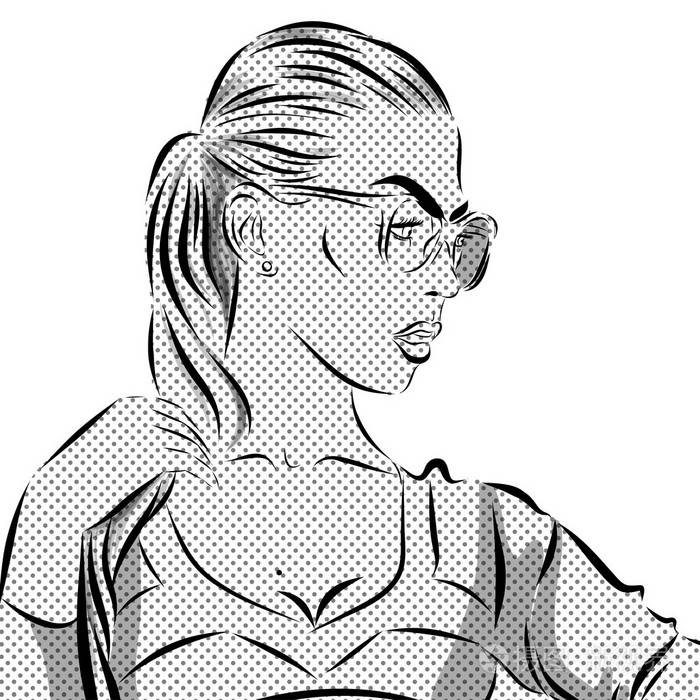 插画 波普艺术戴墨镜-波尔卡圆点背景上的女子.矢量.单色.eps