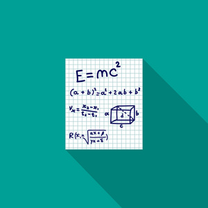 笔记本与数学公式的工作表。带有长长的影子教育平面设计图标