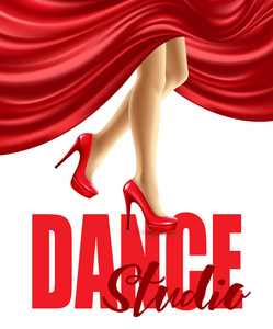 与女性的双腿，穿着红色的鞋子和裙子滚滚的舞蹈工作室的海报。矢量图