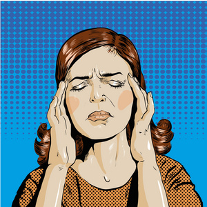 在压力的女人有头痛。矢量图波普艺术复古式漫画风格