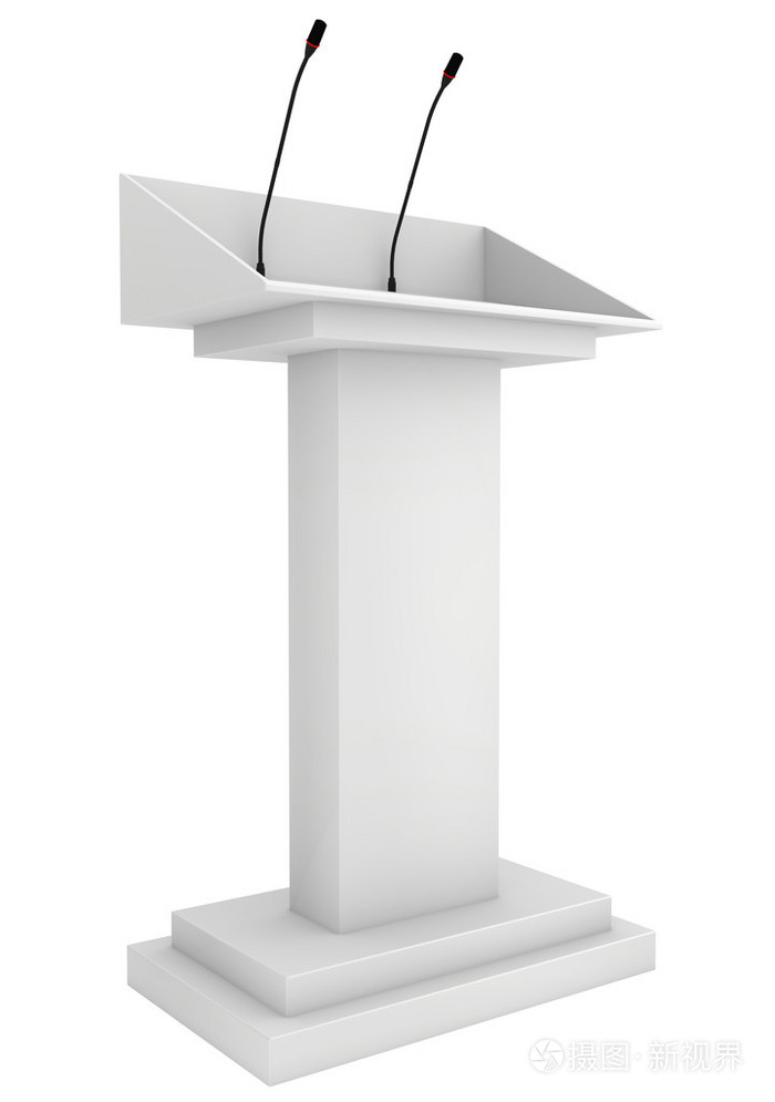演讲者登上领奖台论坛讲台上站着麦克风.孤立在白色背景上的 3d 渲染.