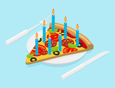 带有蜡烛等距的生日披萨。 节日快餐。 c