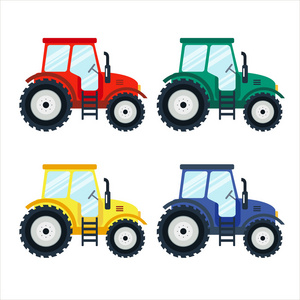 在白色背景的彩色拖拉机。在平面样式的拖拉机。农业拖拉机。农业车辆和农业机械。拖拉机的插图经营理念。农业机械