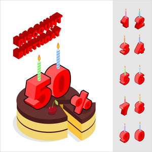 生日折扣。 巧克力蛋糕蜡烛和数字f