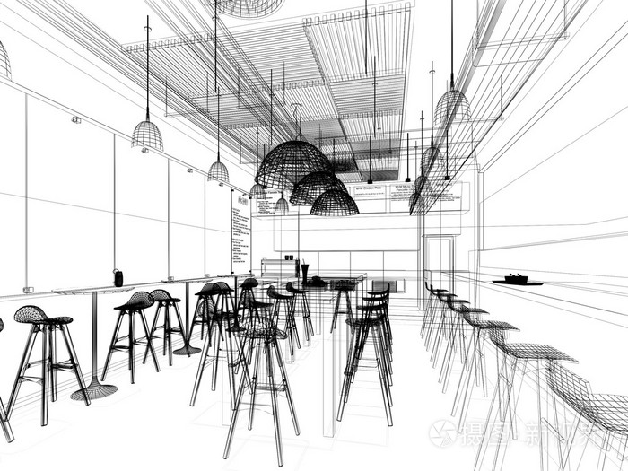 设计素描的内部餐厅,3d 线框渲染