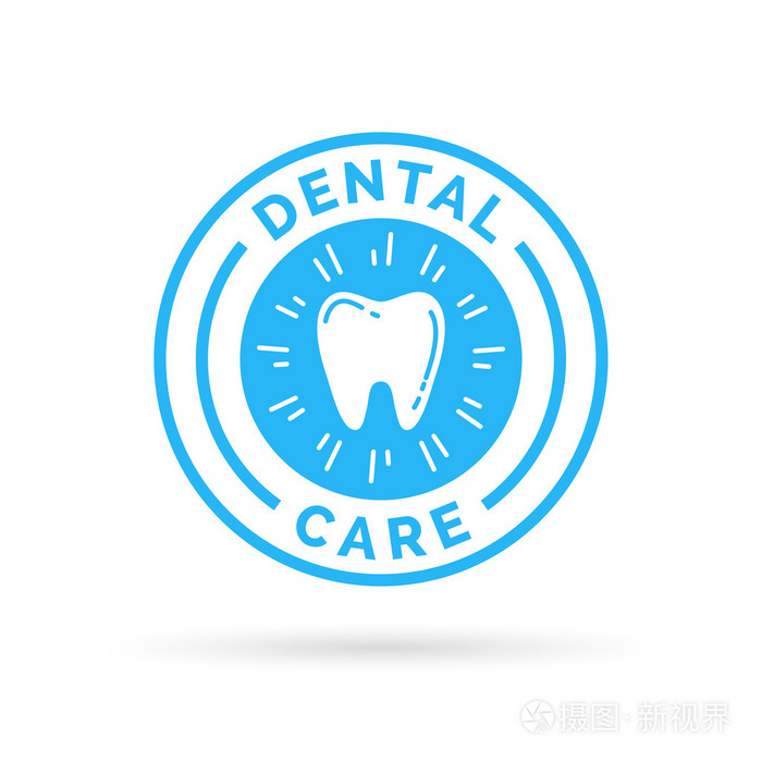 牙科护理标志徽章与蓝色健康牙戳图标