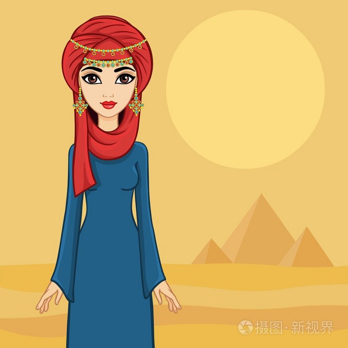 戴着头巾的美丽阿拉伯女孩对抗沙漠和古老的p插画-正版商用图片1nvez3