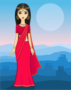 在山上穿着传统服装的印度女孩新娘和新郎的剪影亚洲美女.