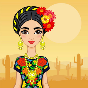 动画墨西哥女孩穿着一件古装。 背景资料