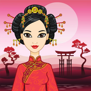 穿着传统服装和节日发型的中国女孩