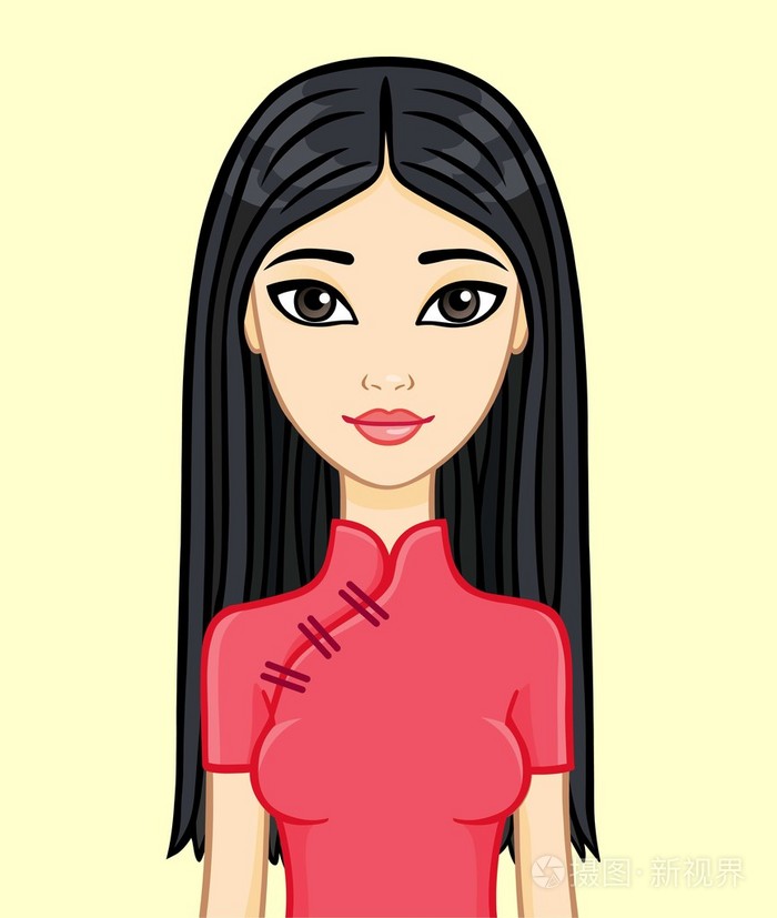 动画中国女孩身穿传统服装,孤立