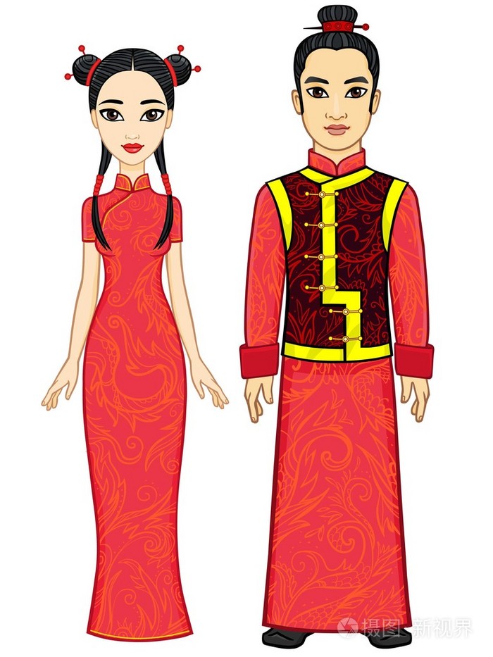 身穿传统服装的中国家庭动画的画像充分的成长在白色背景上孤立