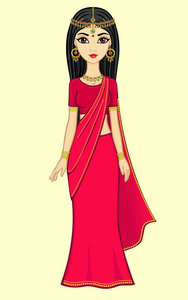 印度动画公主在传统的莎莉和黄金珠宝照片