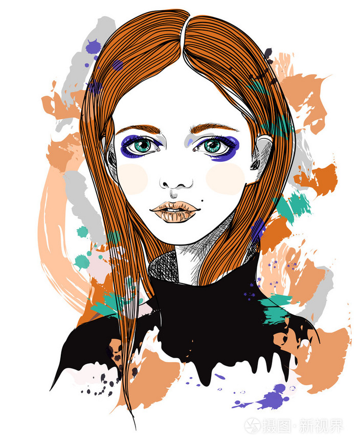 一个红头发的女孩的画像.时尚插画抽象背景.t 恤的打印