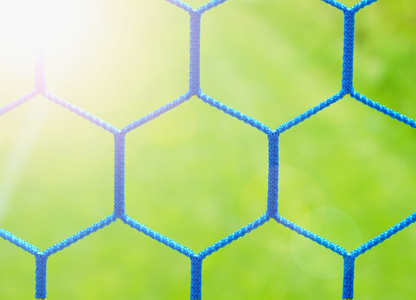 详细的黄色蓝色越过足球网，足球在目标与背景在操场上草净。蜂窝状形状