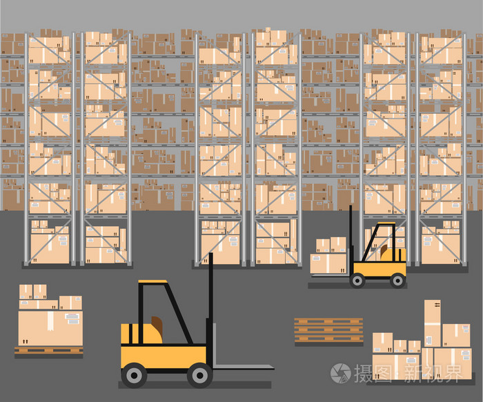 仓库装载箱和桶到堆叠使用叉车.