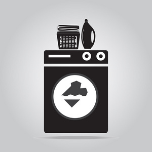 洗衣图标标志 清洗机 洗涤剂和织物在 bas
