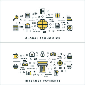 全球经济和互联网支付。 矢量平薄线