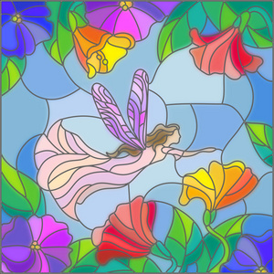 插图在彩色玻璃风格与翅童话中的天空 花卉和绿色植物