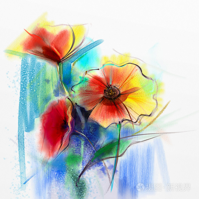 抽象派水彩画的春天的花朵静物的黄色粉红色和红色的非洲菊菊花
